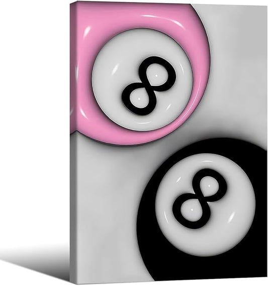 Trendy Pink and Black 8 Billiards Balls Poster Retro Pool Ball Couple Wall Art Y2K Aesthetic Canvas Prints 16x24 inch Framed Preppy Room Wall Decor for Billiard Hall College Dorm