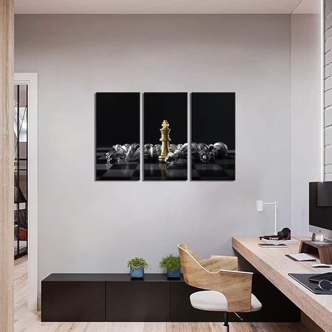 Chess Canvas Wall Art Black and Gold Wall Decor King and Queen Checkerboard Pieces Painting for Living Room Bedroom Classroom King Wins Game Pictures Prints Poster Artworks (24''H x 36''W)