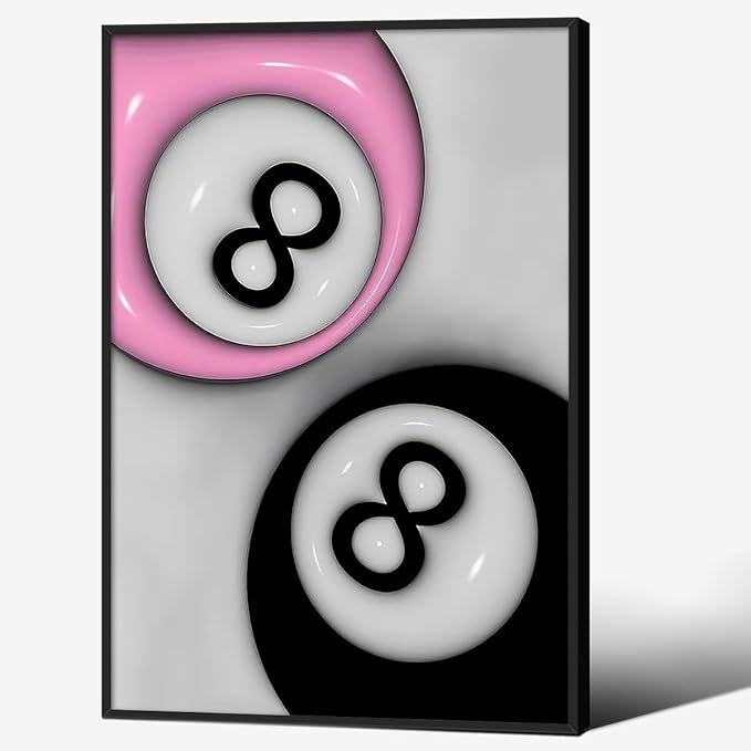 Trendy Pink and Black 8 Billiards Balls Poster Retro Pool Ball Couple Wall Art Y2K Aesthetic Canvas Prints 16x24 inch Black Framed Preppy Room Wall Decor for Billiard Hall College Dorm