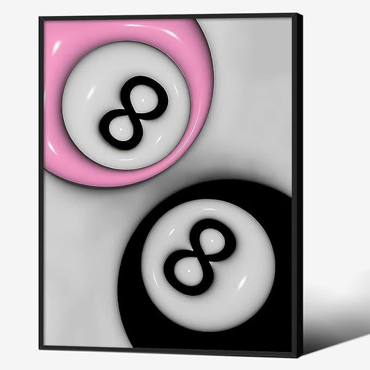 Trendy Pink and Black 8 Billiards Balls Poster Retro Pool Ball Couple Wall Art Y2K Aesthetic Canvas Prints 12x16 inch Black Framed Preppy Room Wall Decor for Billiard Hall College Dorm