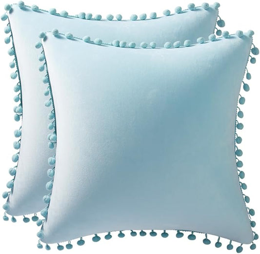 DEZENE Throw Pillow Cases 16x16 Light-Blue: 2 Pack Cozy Soft Pom-poms Velvet Square Decorative Pillow Covers for Farmhouse Home Decor