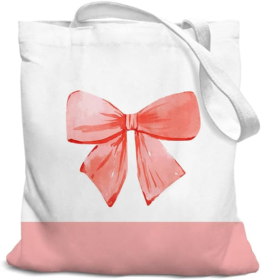 Coquette Pink Bow Preppy Canvas Tote Bag for Women Teens Teen Girls, Pink Bow Girls Tote Bag, Coquette Gifts