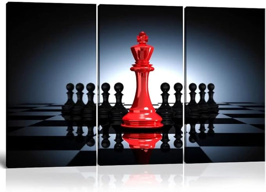 Chess Canvas Wall Art Poster Prints Modern King and Knight Pictures Still Life Painting Framed Giclee Artwork for Office Game Room Decor Red and Black Ready to Hang 3 Panel