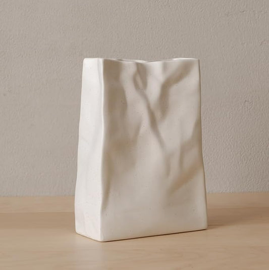 WENSHUO Crinkle Paper Bag Shape Ceramic Vase, Large Capacity for Flower Arrangement, Bookshelf Decorative (Nacre White)