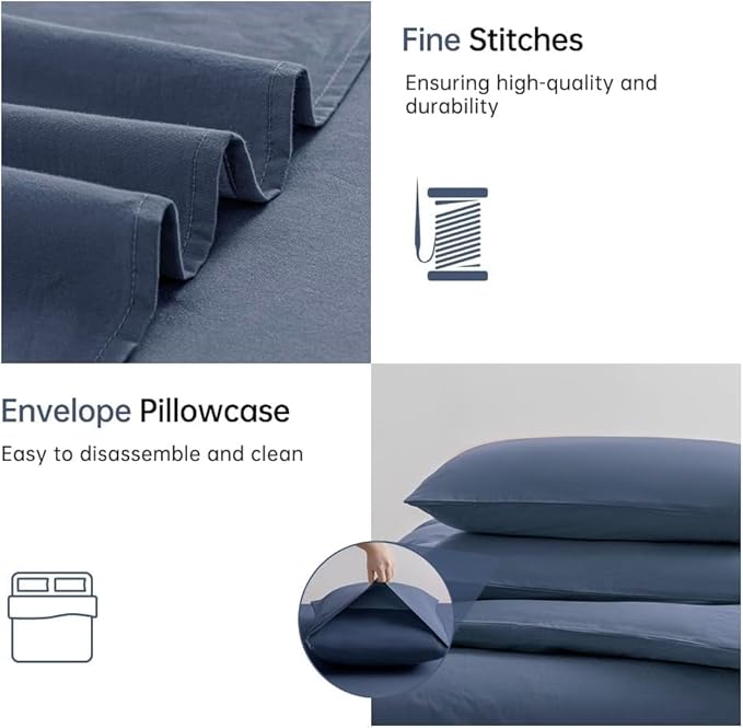 JELLYMONI Blue Duvet Cover Full Size - 100% Washed Cotton Linen Like Textured Comforter Cover, 3 Pieces Breathable Soft Bedding Set with Zipper Closure (Blue, Full 80"x90")