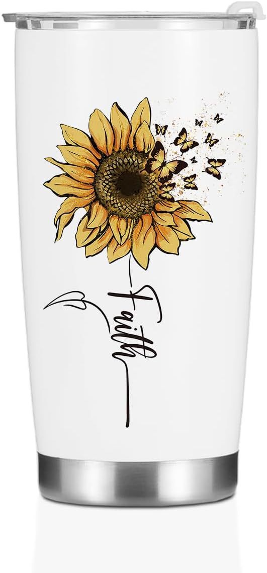 Sunflower Gifts for Women Tumbler, Positive Butterfly Christian Gifts Birthday Christmas, Faith Religious Gifts Coffee Mug Stainless Steel Vacuum Insulated Double Wall Travel Cup with Lid，20oz