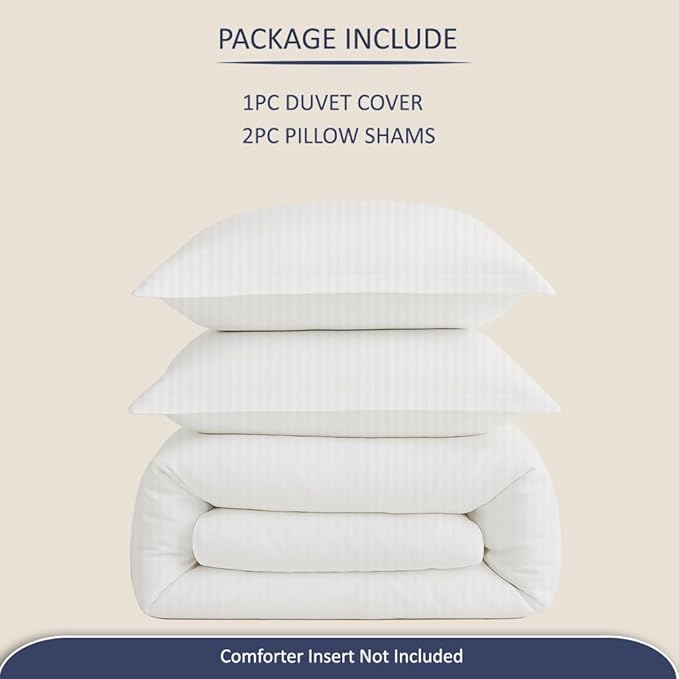 eBeddy Linens White Striped Duvet Cover Set Super Queen 98x90 Size 800 TC Certified Egyptian Cotton Luxury Soft & Breathable Comforter Cover and 2 Pillow Sham with Zipper Closer & Corner Ties
