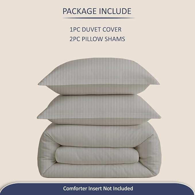 eBeddy Linens Duvet Cover Set Twin/Twin XL Size 68x90 Inch Certified Egyptian Cotton Soft and Lightweight (1 Comforter Cover & 2 Pillowcase) Zipper Closure & Corner Ties, Silver Grey Striped