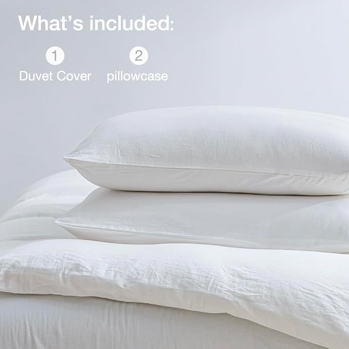 JELLYMONI Cotton Duvet Cover King Size - 100% Washed Cotton Linen Feel Textured Comforter Cover, 3 Pieces Lightweight Soft Bedding Set with Zipper Closure (Bright White, King 104"x90")