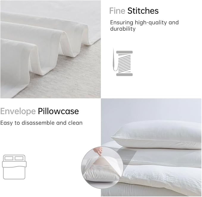 JELLYMONI White Duvet Cover Queen Size - 100% Washed Cotton Linen Like Textured Comforter Cover, 3 Pieces Breathable Soft Bedding Set with Zipper Closure (Bright White, Queen 90"x90")