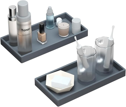BBK Bathroom Vanity Tray 7.8 in - 2 Pack(Small) Silicone Bathroom Tray for Counter, Perfume Key Trinket Ring Tray, Decor Soap Dispenser Countertop Tray for Kitchen Sink Organization (Gray)