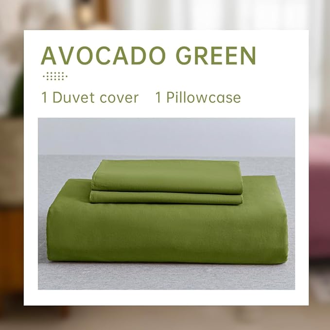 JELLYMONI Cotton Duvet Cover Twin Size - 100% Washed Cotton Linen Feel Textured Comforter Cover, 2 Pieces Breathable Soft Bedding Set with Zipper Closure (Avocado Green, Twin 68"×90")