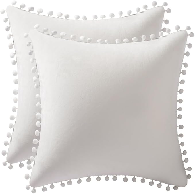 DEZENE Decorative Pillow Cases 24x24 Cream White: 2 Pack Cozy Soft Pom-poms Velvet Square Throw Pillow Covers for Farmhouse Home Decor