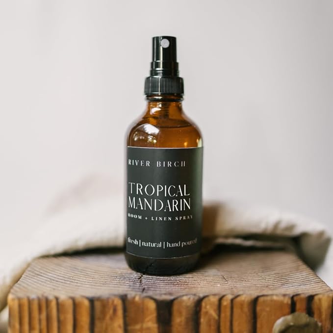 River Birch Tropical Mandarin Scented Linen and Room Spray | Home Fragrance | 4 oz Glass Amber Bottle | Luxury Signature Scent | Handmade in Texas