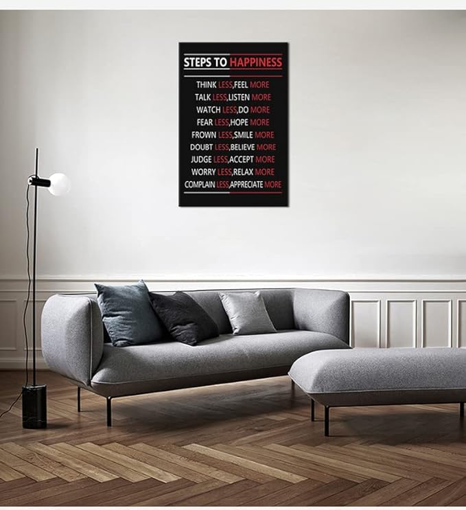 Motivational Wall Art for Office Steps For Happiness Inspirational Positive Poster Inspiring Canvas Painting Prints Wall Pictures for Living Room Home Decor Framed Artwork [24''W x 36''H]