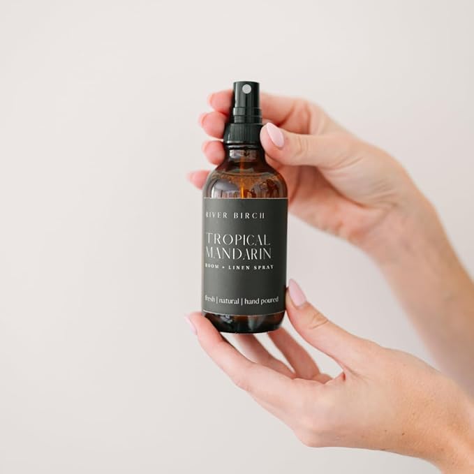 River Birch Tropical Mandarin Scented Linen and Room Spray | Home Fragrance | 4 oz Glass Amber Bottle | Luxury Signature Scent | Handmade in Texas