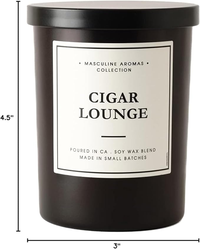 | Masculine Aromas | Small Batch | Soy Wax | 40 Hours | Scented Black Candles with Natural Essential Oils | Vegan (Cigar Lounge)