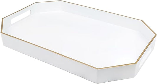 White Decorative Tray with Handles, Octagon Versatile Serving Tray for Coffee Table, Ottoman, Ideal for Serving, Displaying, Organizing