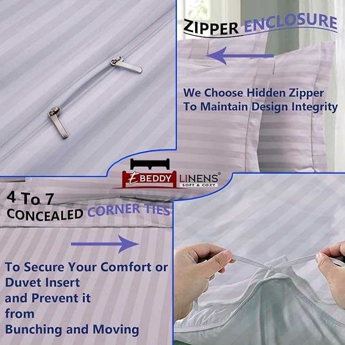 eBeddy Linens Luxury Ivory Striped Duvet Cover Set Oversized Queen 98x98 Size 800 TC Certified Egyptian Cotton Luxury Soft & Breathable Comforter Cover with Zipper Closure & Corner Ties