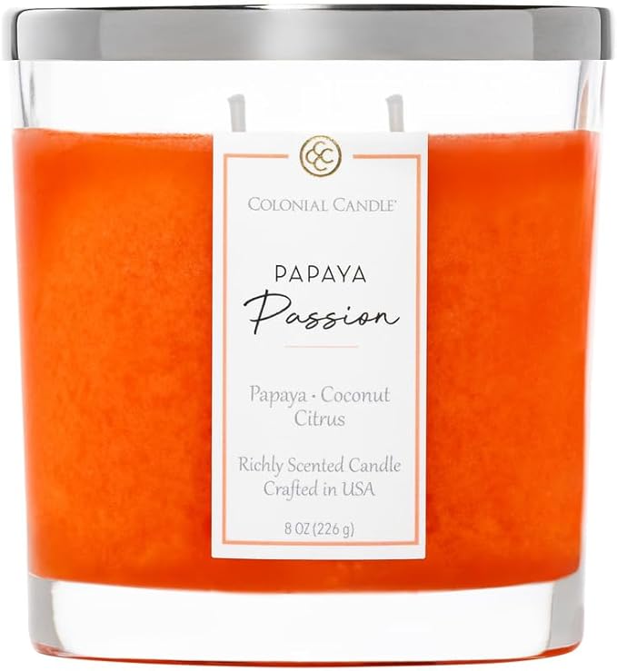 Colonial Candle Papaya Passion Scented Candle Jar, Highly Fragranced Candles for Home Scented, Mottled Wax Candle, 2 Wick, 8 oz - Made in The USA
