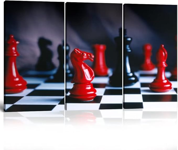3 Piece Canvas Wall Art - Red and Black Chess Pieces Shot On Black and White Chess Board - Modern Home Decor Stretched and Framed Ready to Hang (28''H x 42''W)