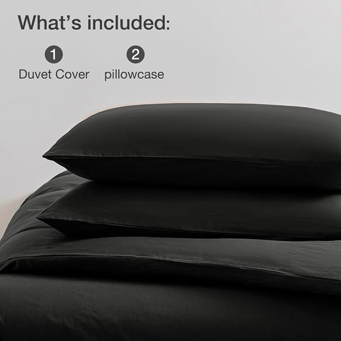 JELLYMONI Black Duvet Cover Queen Size - 100% Washed Cotton Linen Like Textured Comforter Cover, 3 Pieces Breathable Soft Bedding Set with Zipper Closure (Black, Queen 90"x90")