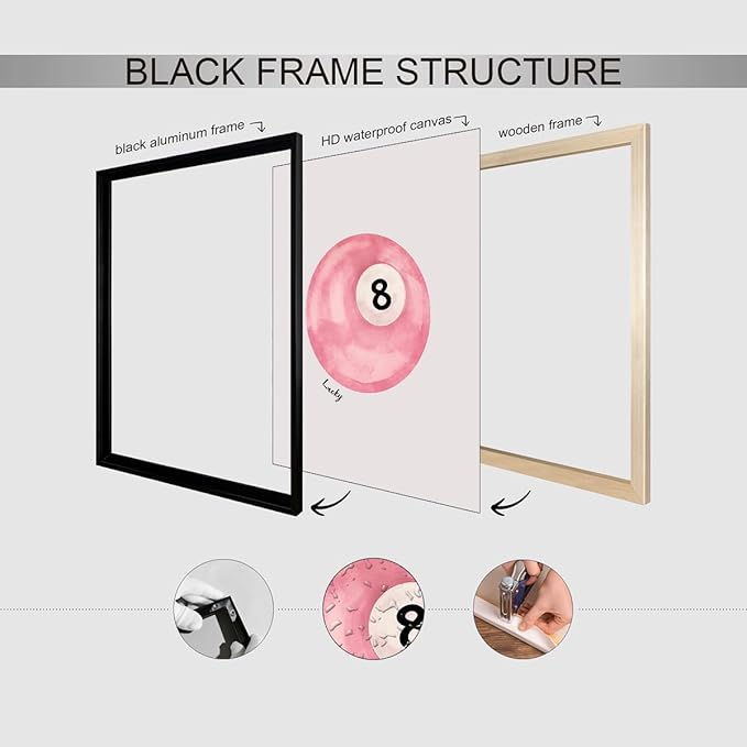 Pink 8 Ball Wall Art Vintage Trendy Preppy Pool Ball Posters Minimalist Retro Light Pink Canvas Prints 24x36 inch Black Framed Lucky Number Painting for Girly Bedroom Dorm Wall Decor