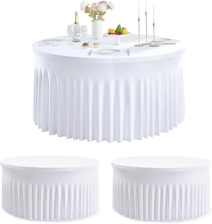 Outpain 2 Pack White Round Spandex Tablecloths for 60in Tables, 120Inch Stretchy Fitted 5FT Round Table Clothes,Wrinkle Free Table Cover with Skirt for Wedding Party Banquet Baby Shower