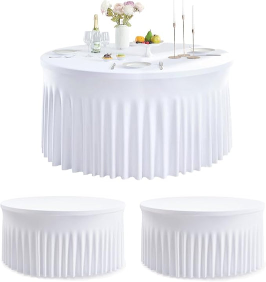 Outpain 2 Pack White Round Spandex Tablecloths for 60in Tables, 120Inch Stretchy Fitted 5FT Round Table Clothes,Wrinkle Free Table Cover with Skirt for Wedding Party Banquet Baby Shower