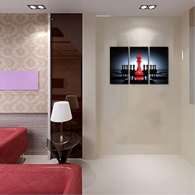 3 Panel Modern Chess Canvas Wall Art Poster Prints King and Knight Pictures Still Life Painting Framed Giclee Artwork for Game Room Office Decor Red and Black Ready to Hang