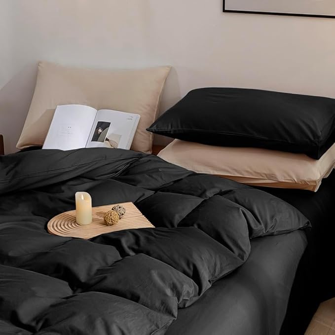 JELLYMONI Cotton Duvet Cover King Size - 100% Washed Cotton Linen Like Textured Comforter Cover, 3 Pieces Breathable Soft Bedding Set with Zipper Closure (Black, King 104"x90")