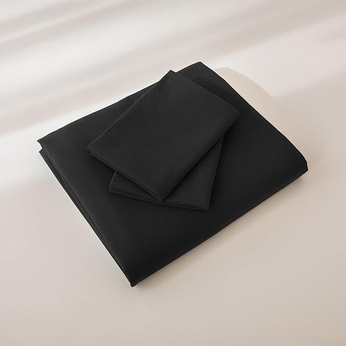 JIYUAN 100% Washed Cotton Duvet Cover Set 3 Pieces Oversized Queen, 1 Duvet Cover 98x98 Inches(Comforter Not Included) and 2 Pillowcases,Linen Feel Bedding Set Comfy and Breathable,Black