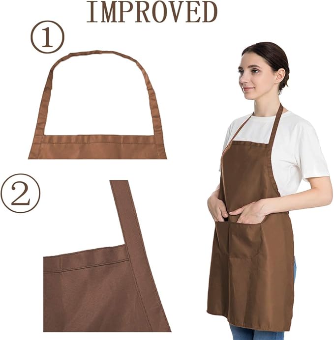 Total 6PCS Brown Bib Apron Adult with 2 Pockets for Women Men Chef Cooking Kitchen (6, Brown)