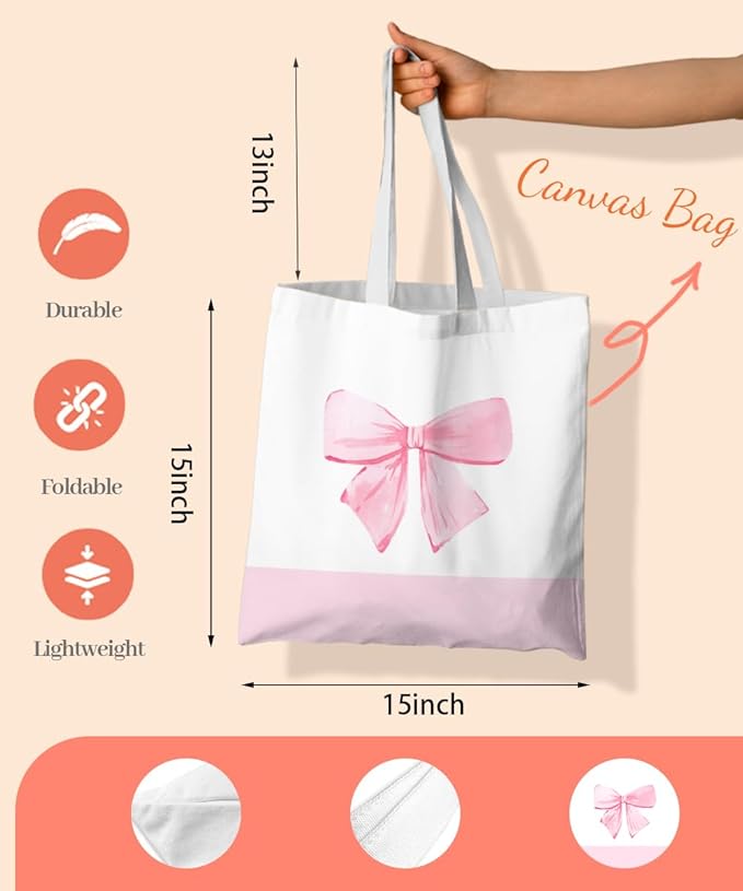 Coquette Pink Bow Preppy Canvas Tote Bag for Women Teens Teen Girls, Pink Bow Girls Tote Bag, Coquette Gifts