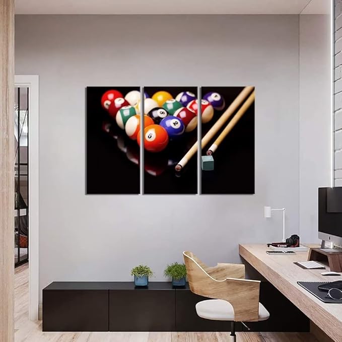 3 Piece Canvas Wall Art - Billiards Balls and Cues with Chalk - Modern Home Decor Stretched and Framed Ready to Hang (40''H x 60''W)