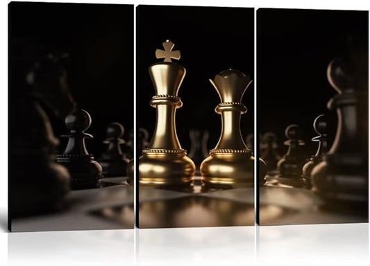 Chess Wall Art Black and Gold Canvas Wall Decor King and Queen Paintings for Living Room Office 3 Pieces Pictures Prints Poster Artworks Framed Ready to Hang(14x 28inch/3 PCS)