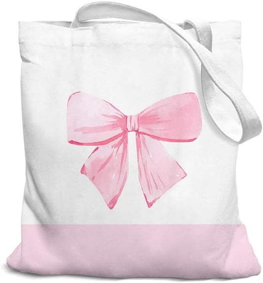 Coquette Pink Bow Preppy Canvas Tote Bag for Women Teens Teen Girls, Pink Bow Girls Tote Bag, Coquette Gifts