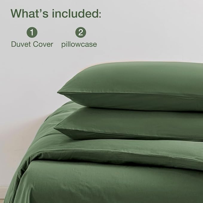 JELLYMONI Green Duvet Cover Full Size - 100% Washed Cotton Linen Like Textured Comforter Cover, 3 Pieces Breathable Soft Bedding Set with Zipper Closure (Green, Full 80"x90")