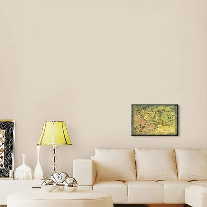 Middle Earth Map Wall Art Canvas Print - Fantasy Map of Middle Earth - 24''H x 36''W with Inner Wooden Frame - Lightweight & Easy to Hang - Perfect for Bedroom, Game Room Decor