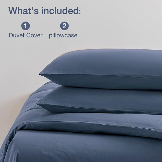 JELLYMONI Bedding Duvet Cover Queen Size - 100% Washed Cotton Linen Like Textured Comforter Cover, 3 Pieces Breathable Soft Bedding Set with Zipper Closure (Blue, Queen 90"x90")