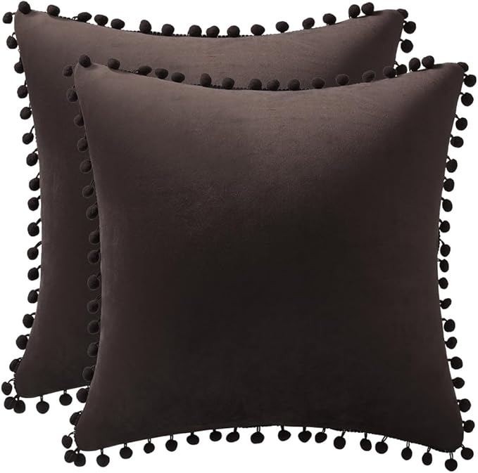 DEZENE Decorative Pillow Cases 22x22 Brown: 2 Pack Cozy Soft Pom-poms Velvet Square Throw Pillow Covers for Farmhouse Home Decor