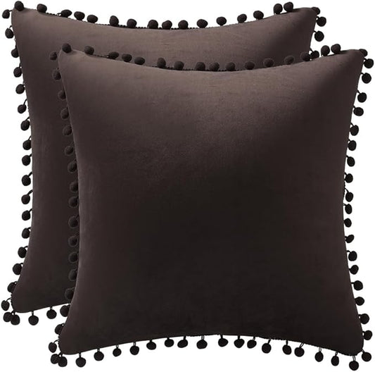 DEZENE Decorative Pillow Cases 22x22 Brown: 2 Pack Cozy Soft Pom-poms Velvet Square Throw Pillow Covers for Farmhouse Home Decor