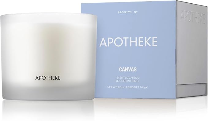 Apotheke 3-Wick Scented Candles for Home, Canvas - 26 oz Soy Wax Jar Candle Gift for Women - Long-Lasting Fragrance with Perfume-Grade Essential Oils - White Musk, Dew Drops & Lily of The Valley