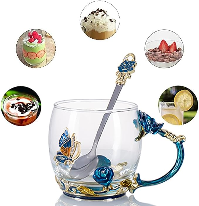 Tea Cup Gifts for Mom Birthday Gift for Women,Glass Coffee Enamels Mug Butterfly Sky Blue Flower Cup Unique Valentines Mothers Day Christmas gifts For Women Mom Wife Sister Coworker Female Friend