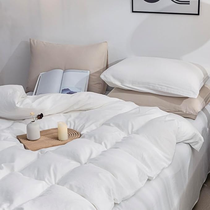 JELLYMONI Cotton White Duvet Cover Oversized King Size - 100% Washed Cotton Linen Like Textured Comforter Cover, 3 Pieces Breathable Soft Bedding Set with Zipper Closure (Bright White, 120"x98")