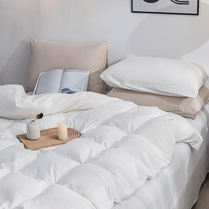 JELLYMONI Cotton White Duvet Cover Super King Size - 100% Washed Cotton Linen Like Textured Comforter Cover, 3 Pieces Breathable Soft Bedding Set with Zipper Closure (Bright White, 116"x98")