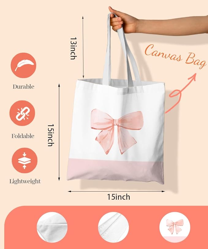 Coquette Pink Bow Preppy Canvas Tote Bag for Women Teens Teen Girls, Pink Bow Girls Tote Bag, Coquette Gifts