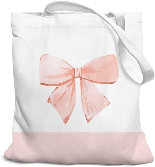 Coquette Pink Bow Preppy Canvas Tote Bag for Women Teens Teen Girls, Pink Bow Girls Tote Bag, Coquette Gifts
