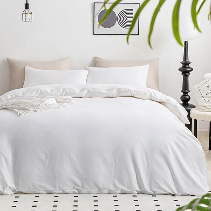 JELLYMONI Cotton White Duvet Cover Twin Size - 100% Washed Cotton Linen Like Textured Comforter Cover, 2 Pieces Breathable Soft Bedding Set with Zipper Closure (Bright White, Twin 68"x90")