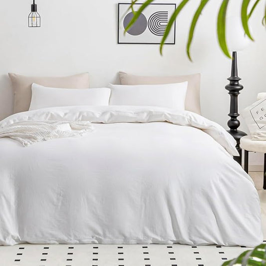 JELLYMONI Cotton White Duvet Cover Super King Size - 100% Washed Cotton Linen Like Textured Comforter Cover, 3 Pieces Breathable Soft Bedding Set with Zipper Closure (Bright White, 116"x98")